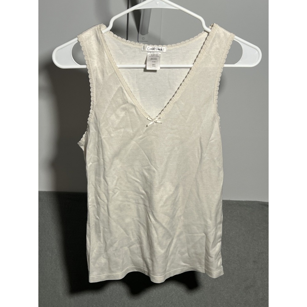 Cuddl Duds Women's Small S Cream Off-White Cotton Blend Lace Trim V-Neck